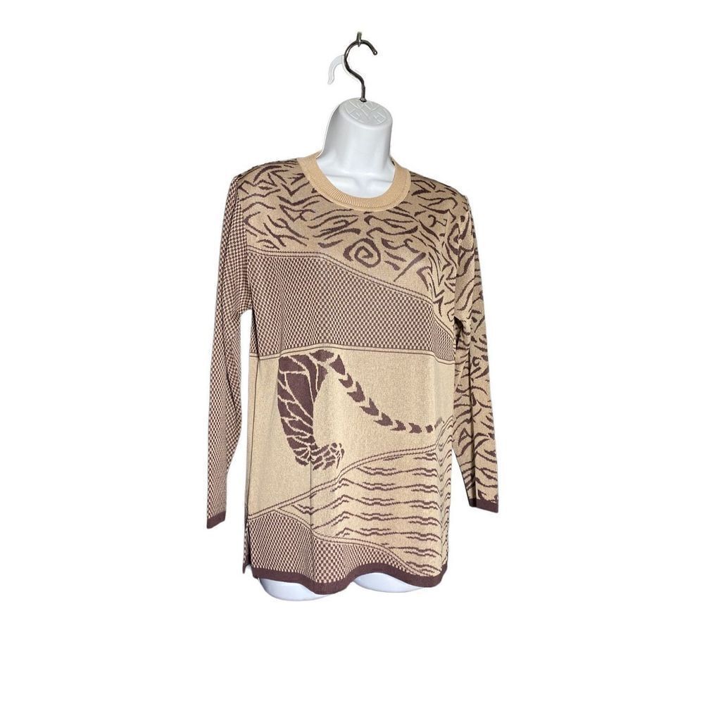 Ichibang Women's Knitted Long Sleeve Abstract Print Tan Sweater Size M